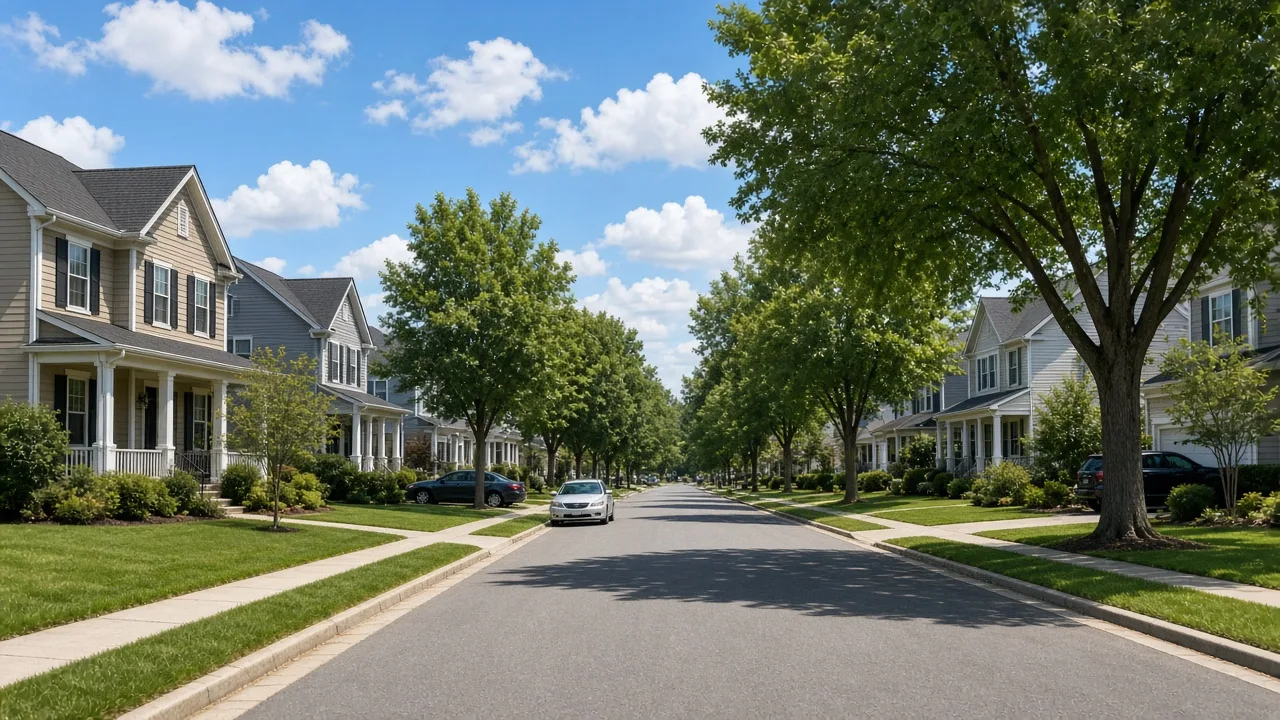 Tree-lined American suburban street with well-kept homes